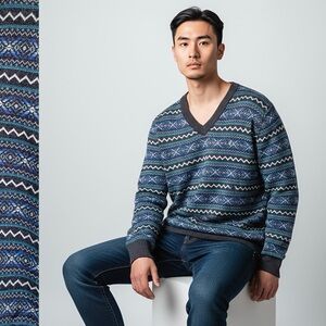 NAUTICA Knit Nordic Sweater Fair Isle Cosby Biggie  V-Neck Pullover